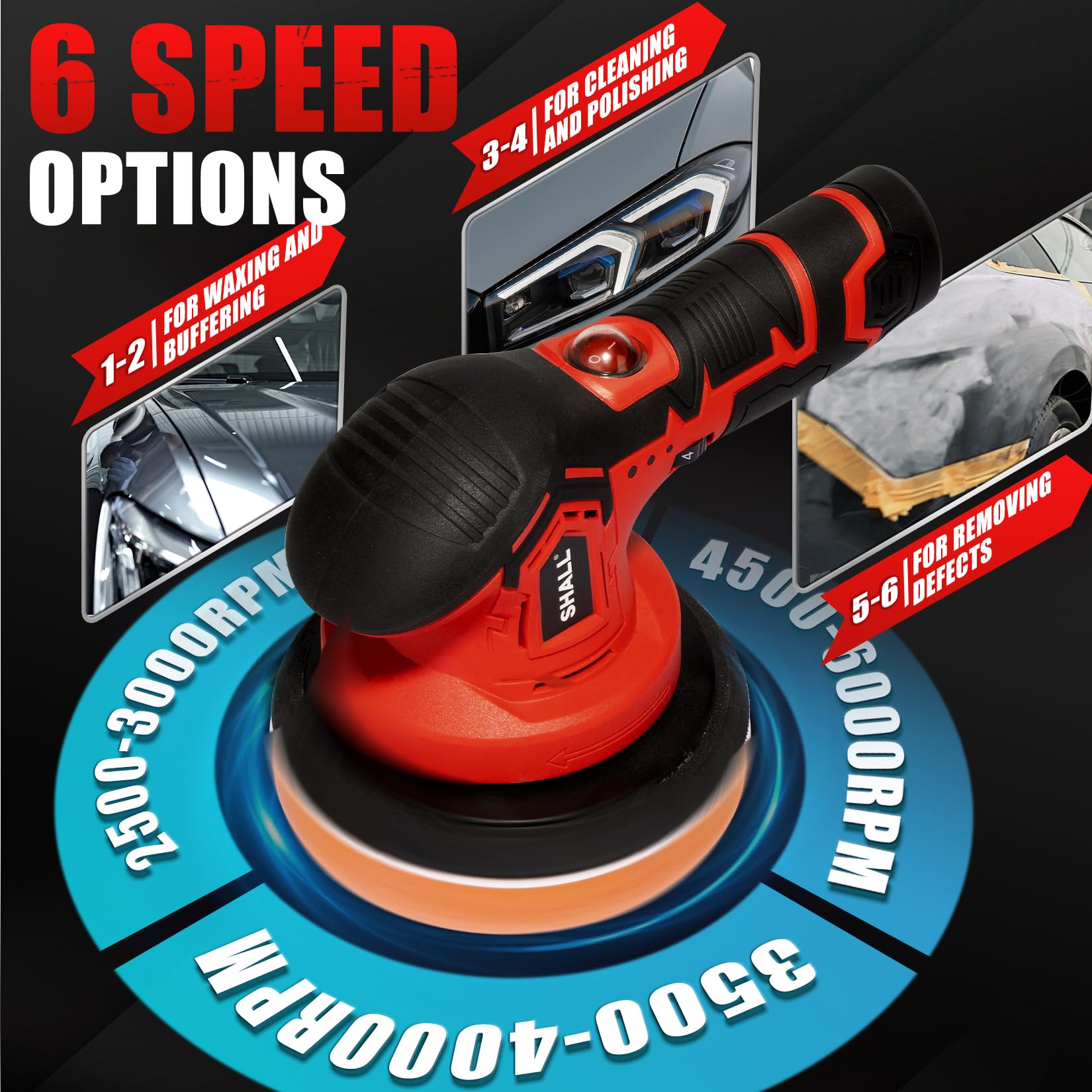 SHALL-pulidora inalámbrica para coche, 2500-5000 RPM, 6 velocidades variables, kit de pulido de coche de 27 piezas, para detalles/encerado/pulidor/pulidor de coche