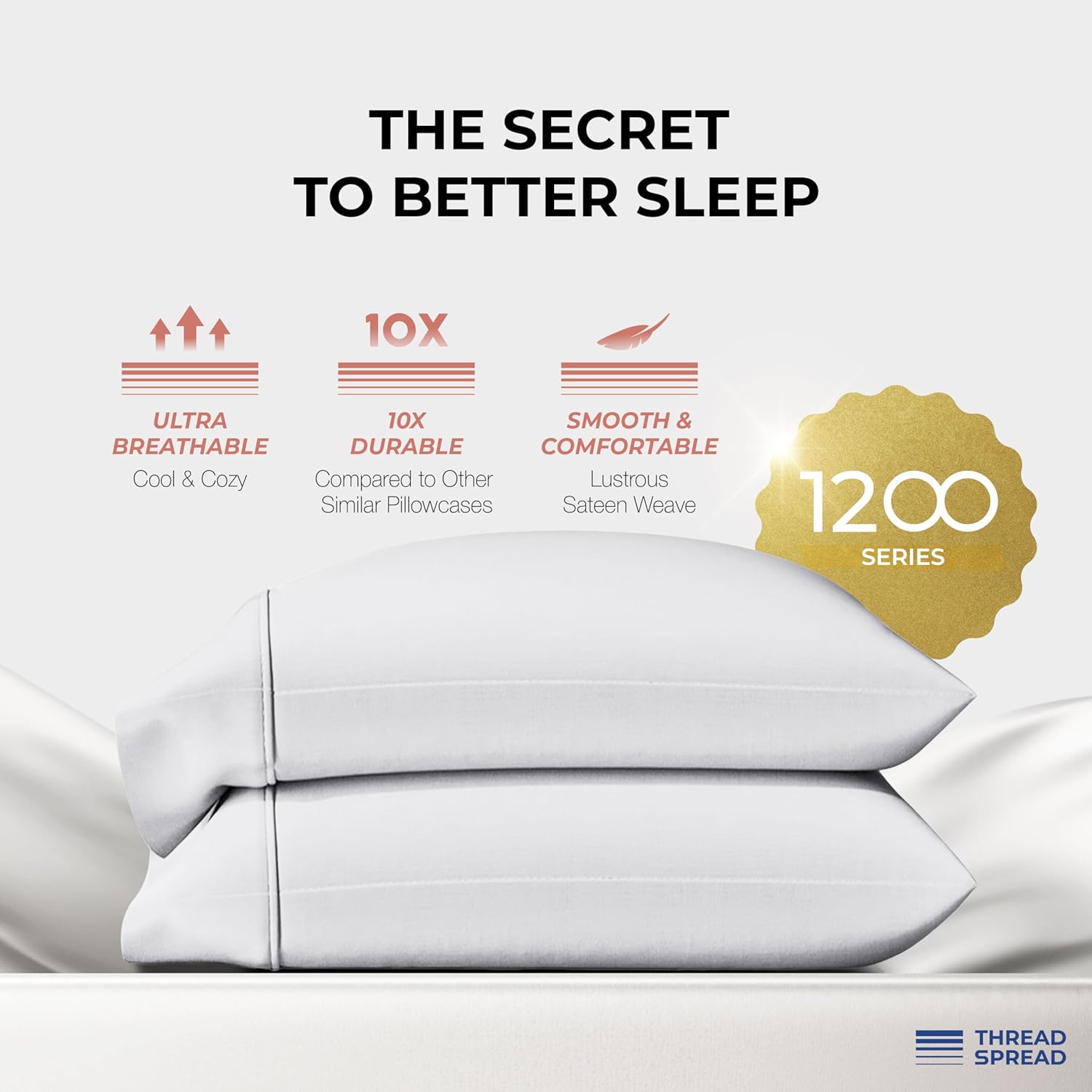 Thread Spread 100% Egyptian Cotton Pillow Cases Queen Size Set of 2 - Luxury 1200 Series Plush Collection Queen Pillow Cases (White), Soft Cooling Envelope Closure Egyptian Cotton Pillowcases