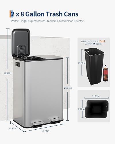 Miniatura 6 de GarveeHome 2 botes de basura doble de acero inoxidable de 8 galones con tapa para cocina, combo de basura doble grande y de reciclaje, cubos de