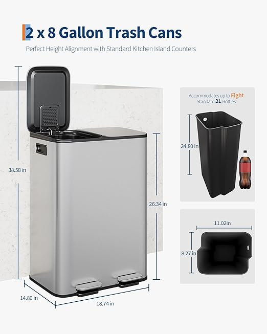 GarveeHome Doble Caneca de Basura 2 x 8 Galones Acero Inoxidable miniatura 6