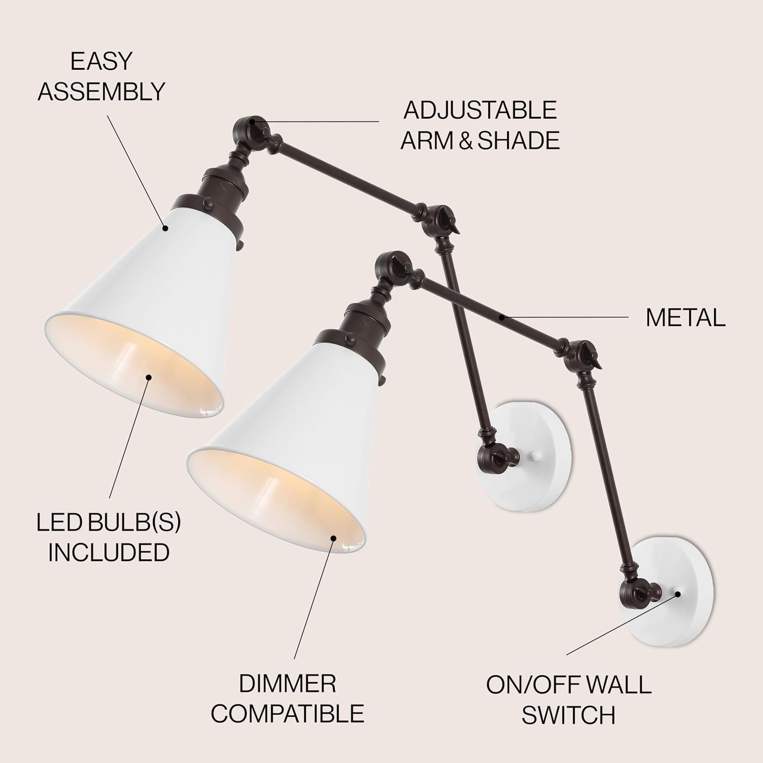 JONATHAN Y 7" White/Oil Rubbed Bronze Classic Industrial Metal Adjustable Arm LED Wall Sconce for Bedside Reading, Farmhouse Swing Arm Wall Lamp with Metal Shade, Hardwired (JYL7462C-SET2)