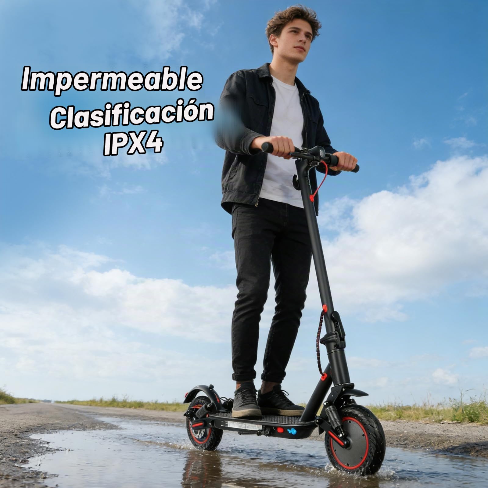 Patinete Eléctrico Adultos 350W, Velocidad Máx 25 km/h, Autonomía 25-30 km, Ruedas Antipinchazos de 10", Doble Suspensión, Freno Electrónico + Freno de Disco, Plegable, Carga Máx 120 kg, IPX5