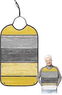 BOBOWUNY Yellow Grey Ombre Adult Bibs for Elder Women Men Eating, Farmhouse Wooden Striped Abstract Aesthetics Waterproof & Washable Bibs for Eating Clothing Protector Dining Bibs for Crumb Catcher