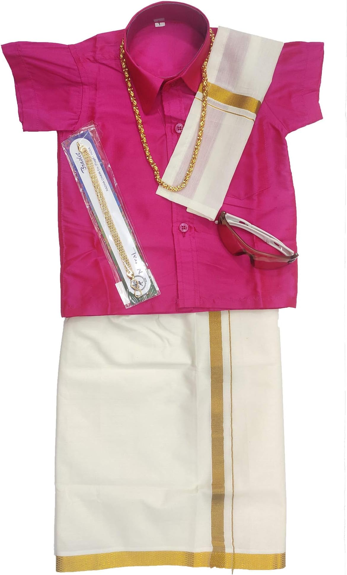 Bhandari Fashion Kanchipuram silk with lining Dhoti And Accessories For Boys Traditional Dress Short Sleeve Shirts