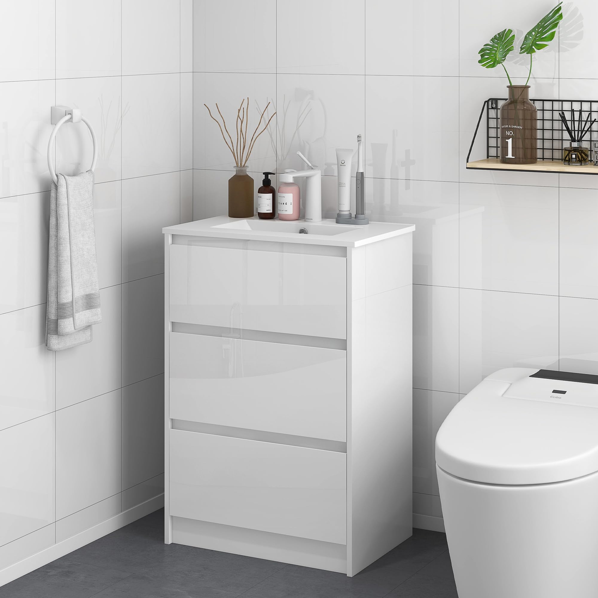 Kleankin Mueble Bajo Lavabo de Baño Con 2 Cajones, Armario de Cerámica Sintética 61x37x88 cm Blanco Brillante