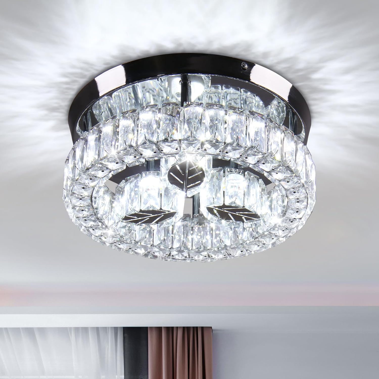 Crystal Ceiling Light Flush Mount, 11.6 Inch Round Chrome K9 Crystal LED Ceiling Fixture, 6500K Cool White for Bedroom Hallway Kitchen Entryway