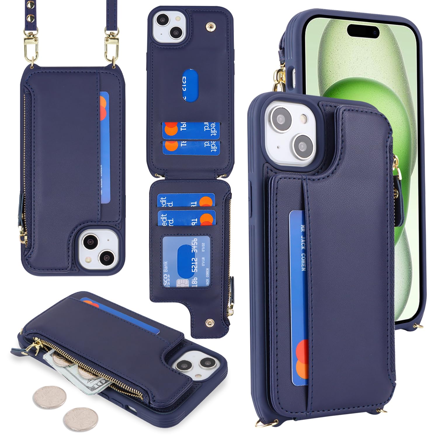 Cavor for iPhone 15 Plus Case with Card Holder,iPhone 15 Plus Wallet Case for Women,Phone Case iPhone 15 Plus Case with Strap,Crossbody Lanyard and Wristlet,Leather Zipper Pocket Case-Blue