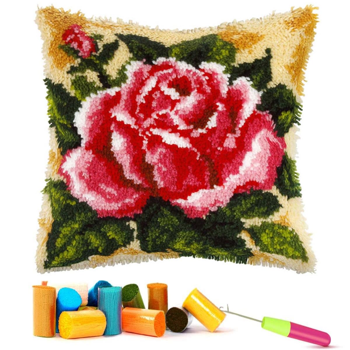 EMISTEM Latch Hook Kits for Adults - Latch Hook Pillow Kits, Crochet Yarn Kit for Beginners, DIY Needlework Crafts Cover Case with Printed Canvas, (Red Rose,17x17 inch)
