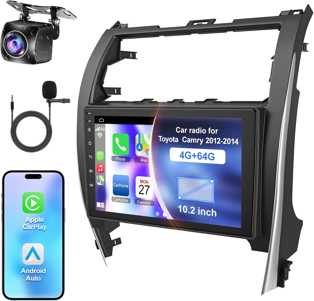 4G+64G Car Radio Stereo for Toyota Camry 2012 2013 2014, Wireless Carplay&Android Auto with Android 12 Support Bluetooth/GPS/WiFi/Back-up Camera/SWC/FM, 10.2 Inch IPS Touch Screen for Camry
