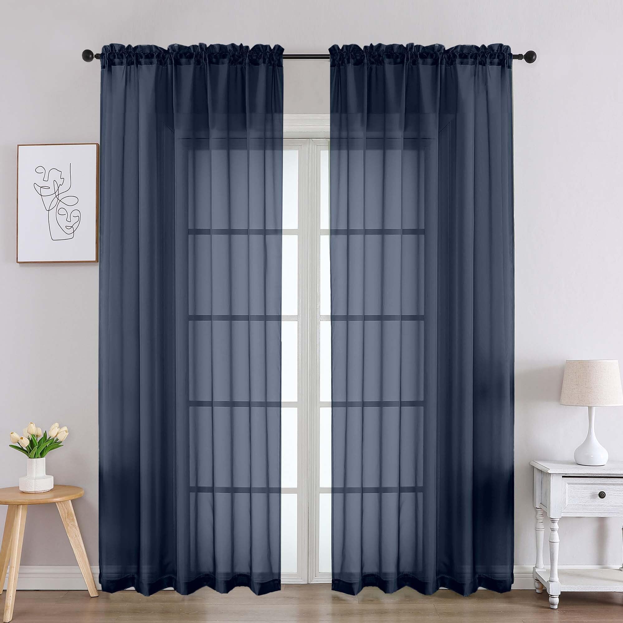 Chyhomenyc Navy Blue Sheer Curtains 84 Inches Long 2 Panels, Light Filtering Navy Blue Curtains for Living Room, Soft Gentle Voile Rod Pocket Bedroom Window Drapes, 59Wx84L Inch, 2PCS