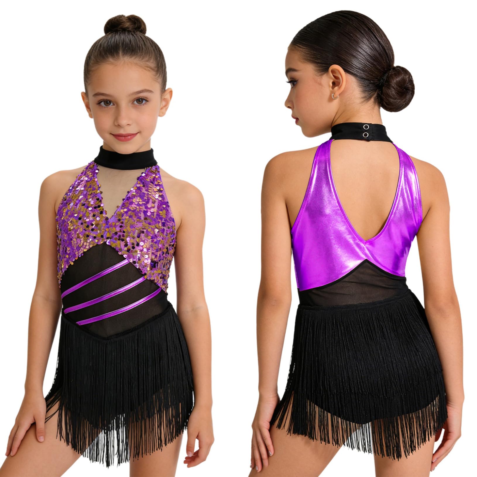 Freebily Vestidos Baile Salsa Samba Rumba con Flecos Niña Leotardo De Baile Latino Espalda Abierta Trajes De Bailarina Cha Cha