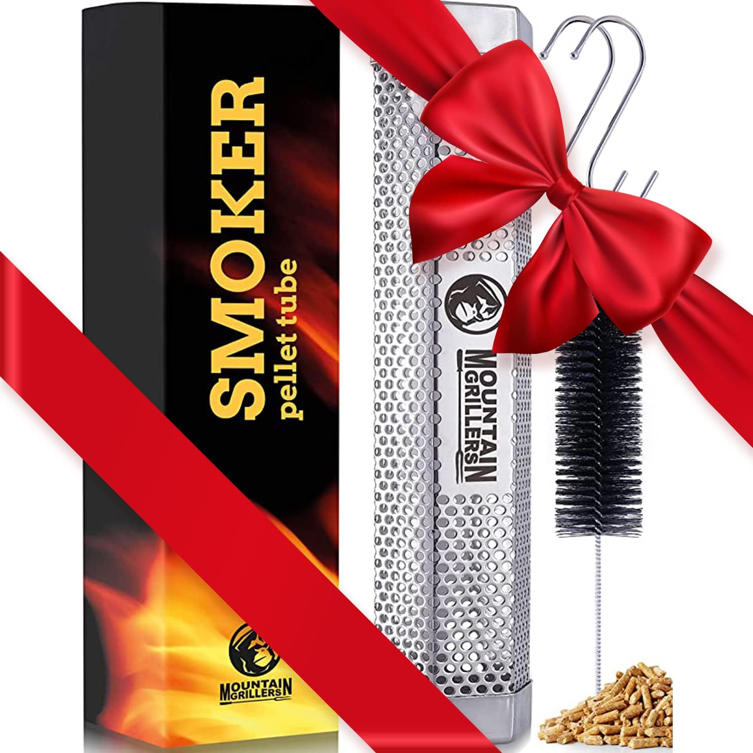 Mountain Grillers Pellet Smoker Tube 5-Hour Smoke Tube Generator for Hot & Cold Smoking Grill - BBQ Grill Stick Made From Heavy-Duty Rustproof Stainless Steel 12-Inc) Includes Hanging Hook & Cleaning