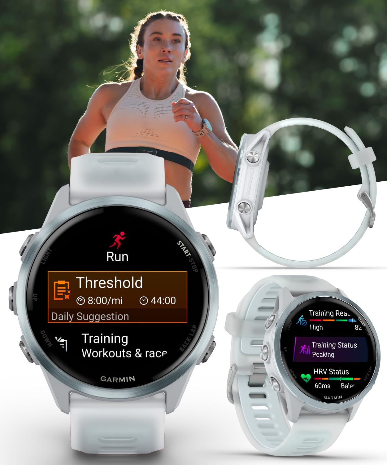 Garmin Forerunner 570 42mm Advanced GPS Running & Triathlon Smartwatch AMOLED Display Training & Recovery Cloud Blue Aluminum w/Translucent Whitestone/Cloud Blue Band w/Wearable4U White EarBuds Bundle