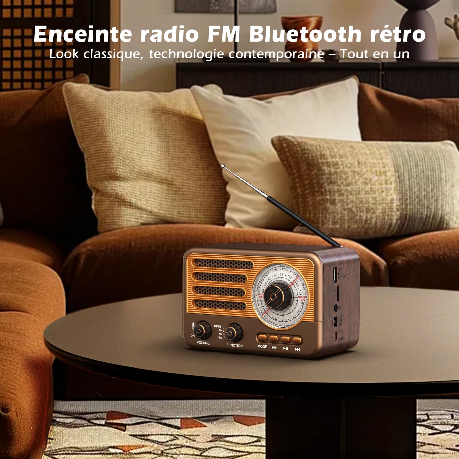 Radio transistor vintage – Style rétro avec gamme moderne, portable, AM/FM/SW, avec USB/TF/AUX MP3 et batterie rechargeable de 1800 mAh