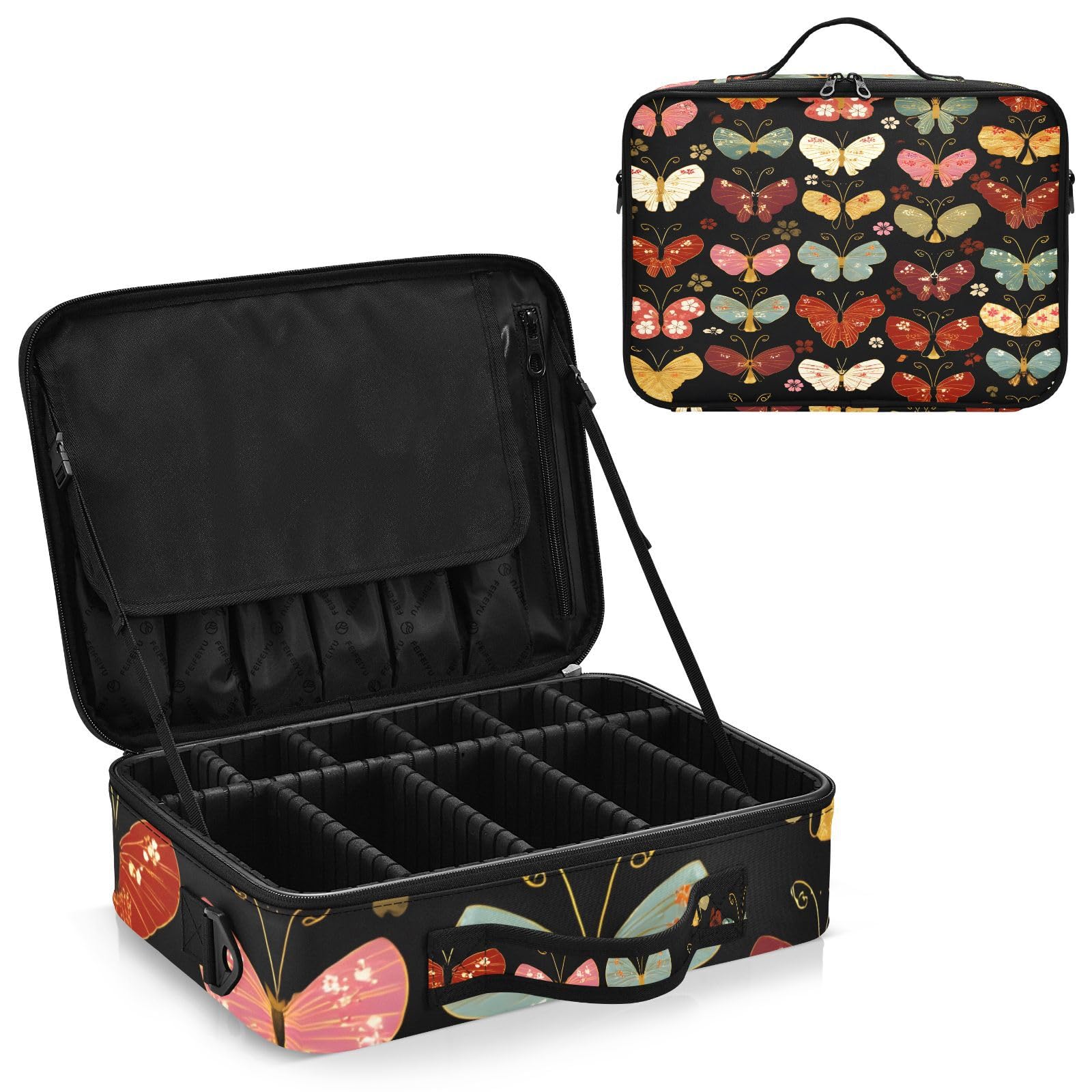 zyrtty Travel Makeup Train Case Red Beautiful Butterfly Black Cosmetic Organizer Portable Storage Bag with Adjustable Dividers for Cosmetics Brushes Toiletry Jewelry Digital Accessories