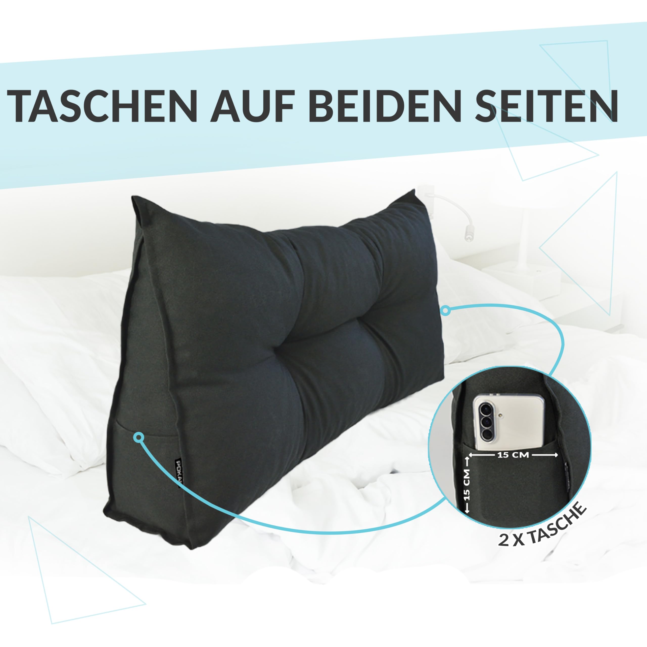 POKAR Rückenkissen 180x50x20 cm | Lesekissen für Bett und Sofa | Großes Keilkissen als Sofakissen für Rückenlehne | Wandkissen mit praktischen Seitentaschen | Oeko Tex 100 Zertifiziert | Grau