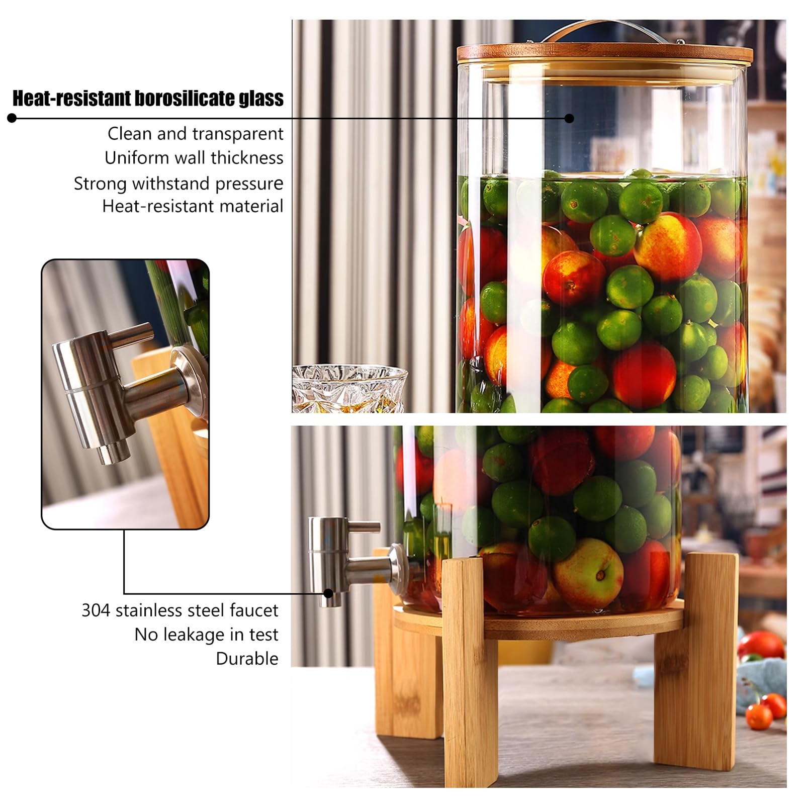 Grande dispenser per bevande in vetro con rubinetto e supporto in legno, capacità 11 l, dispenser per bevande calde e fredde per feste, bar, ristoranti