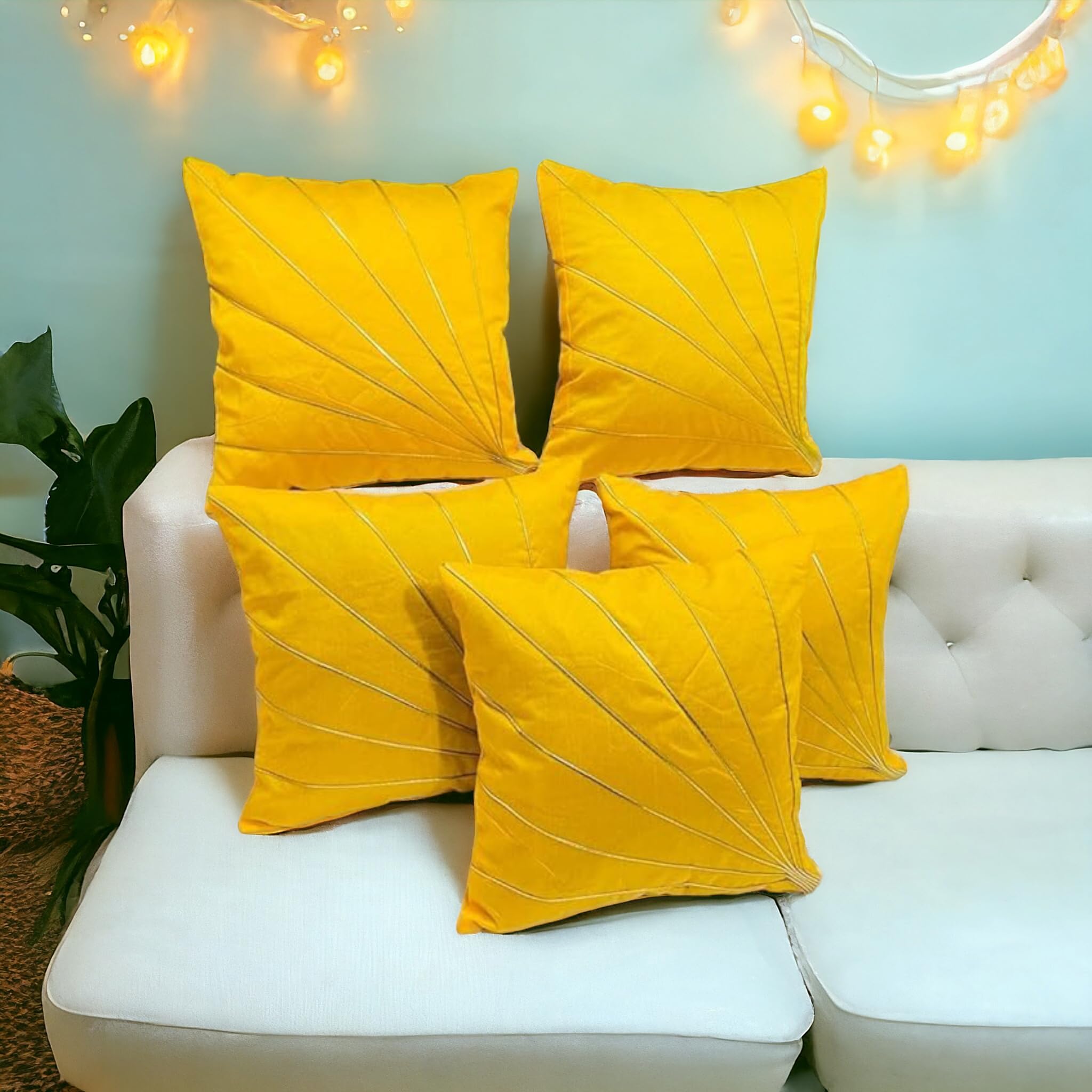 LOFEY Multi Coloured Silk Cushion Covers, Set of 5 | Elegant 16x16 Inch (40x40cm) Square Pillow Cases for Sofas, Beds, and Chair (Yellow)-picture-20