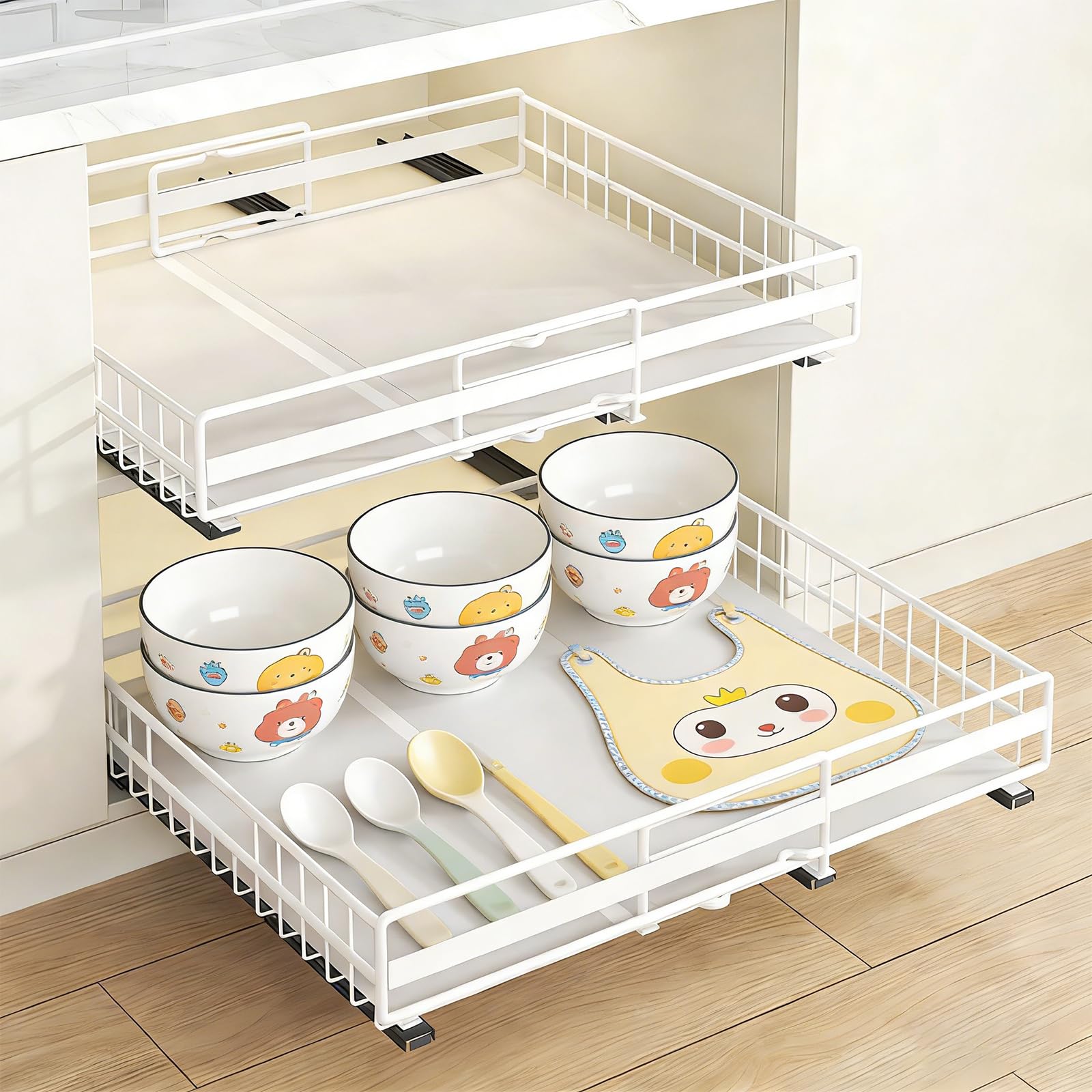 LANTUS Cesto Coulissan, porta spezie per bancone da cucina, organizer per bagno, cucina, ufficio, (31-49 cm e 32-51 cm) bianco