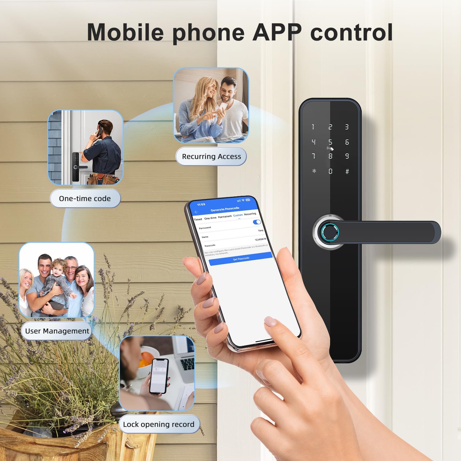 Mobile phone APP control interface for the Makayuron H06 Smart Door Lock, showing features like one-time code, recurring access, user management, and lock opening record.