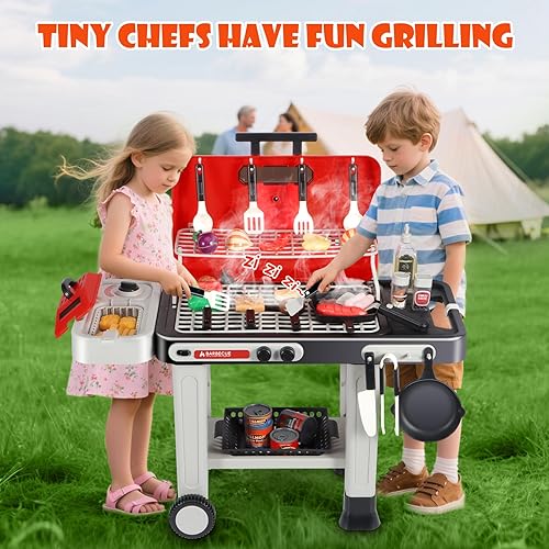 Miniatura 5 de Juguetes de cocina para niños, parrilla de barbacoa para niños con humo, sonido y luz, carrito de parrilla de juguete de 2 capas, juguetes para