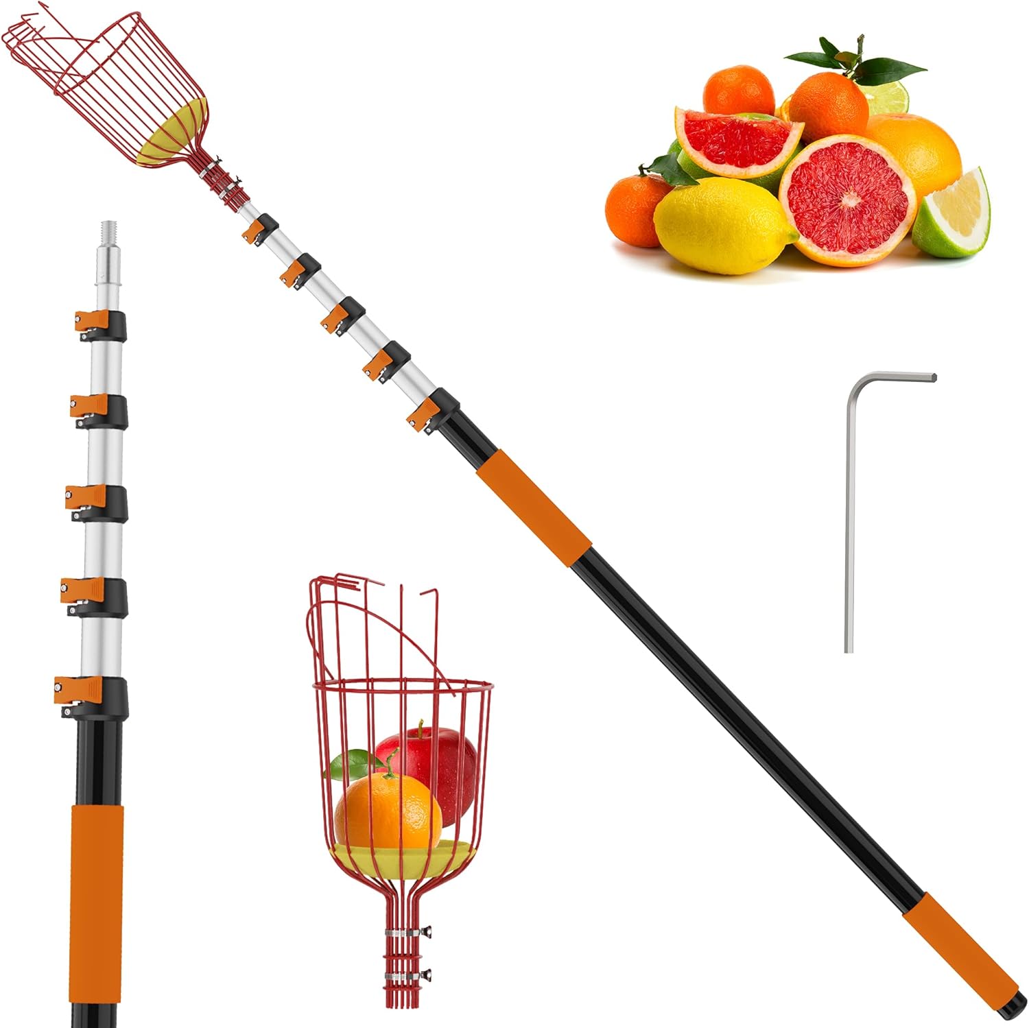 26FT Reach Fruit Picker with Basket, Telescoping Aluminum Pole 5-20FT, Dual Flip-Lock & Screw Fixing Design for Apple Orange Mango Avocado Lemon Picking