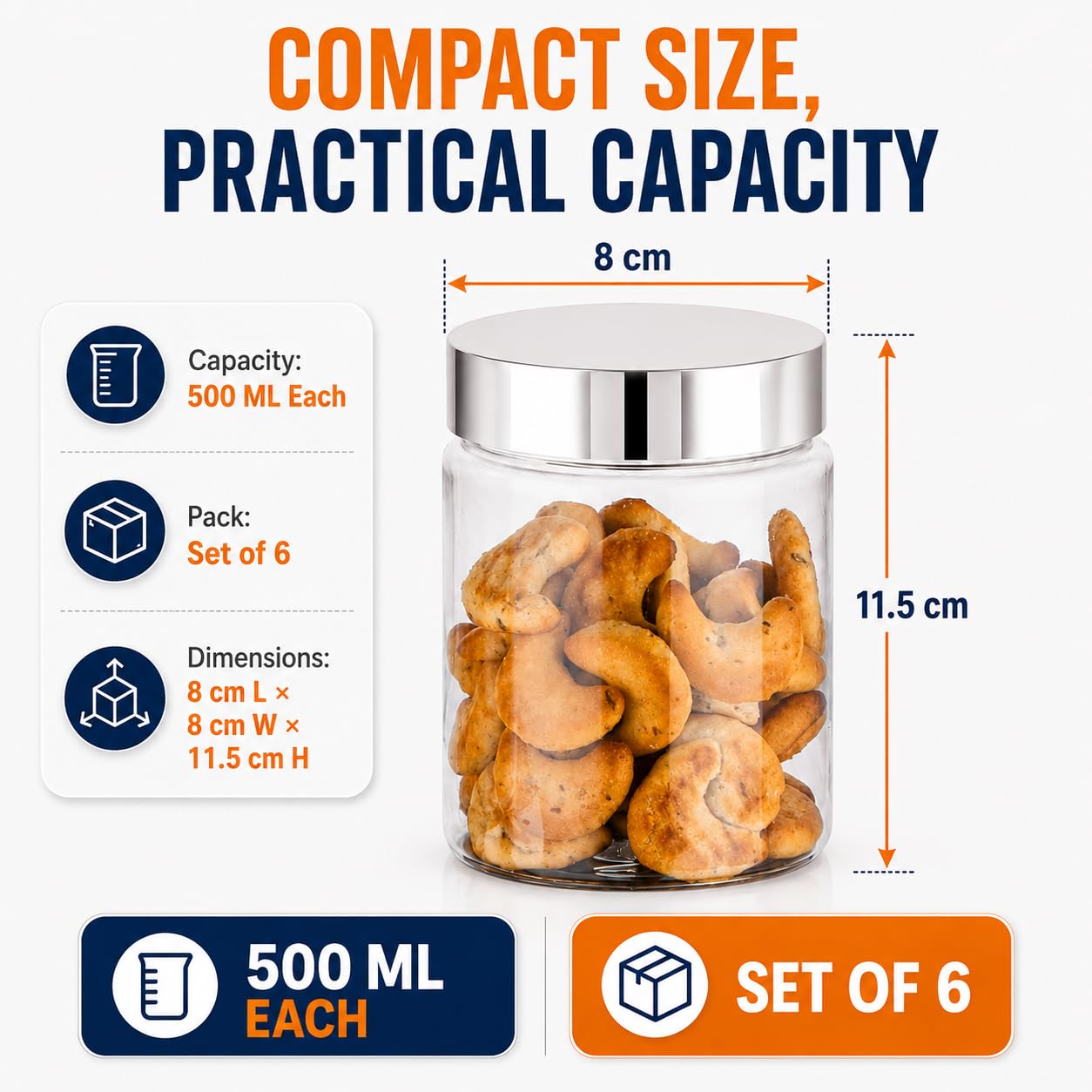Homeor Vorratsdosen und Behälter aus Kunststoff für die Küche, stapelbar, luftdicht, Stahlkappe, Set mit 6 Boxen in Lebensmittelqualität, BPA-frei, 6 Stück à 500 ml, transparent