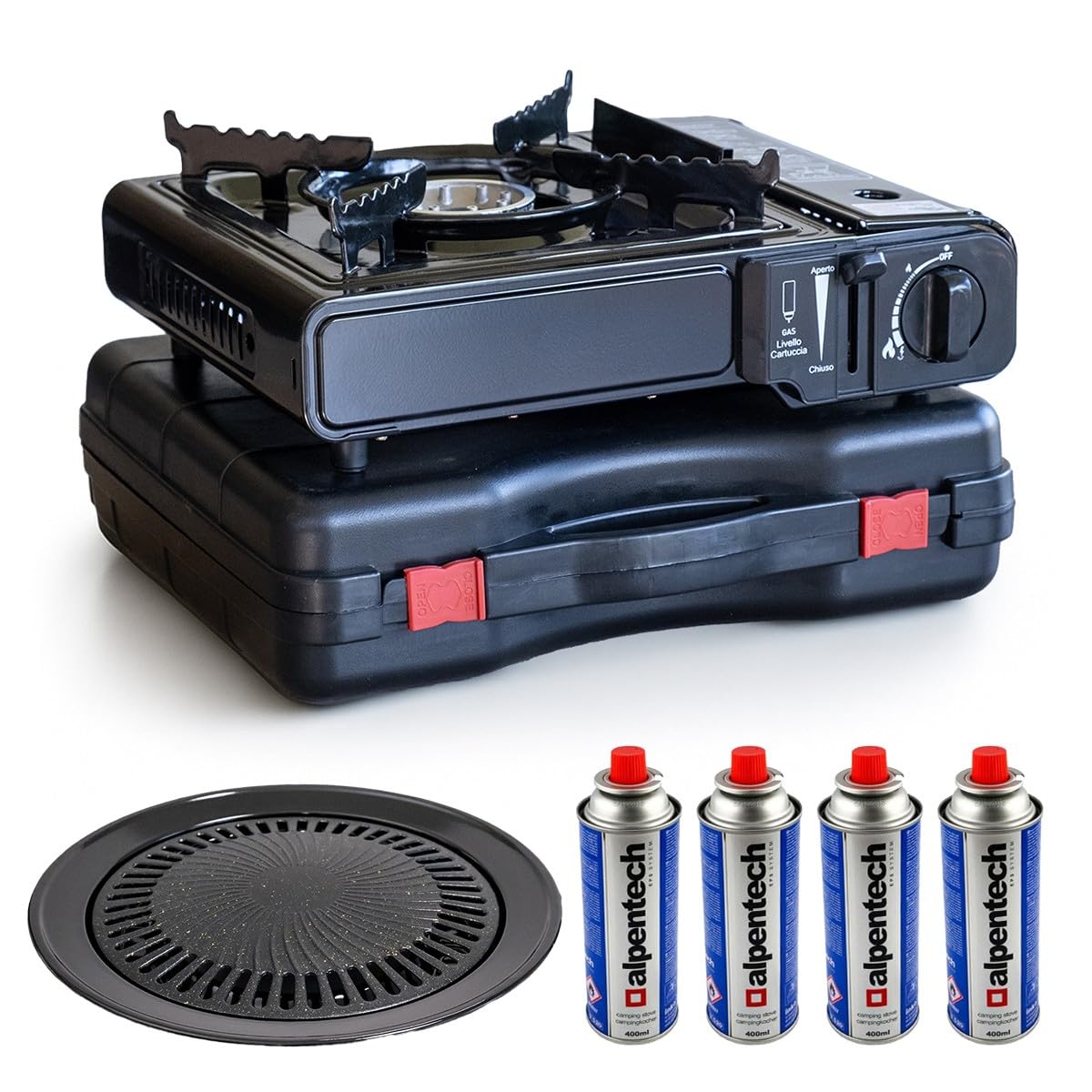 Barbecue Grill 2en1 Réchaud gaz 2200W CUBA Piezo + 4 cartouches gaz 227g butane Camping