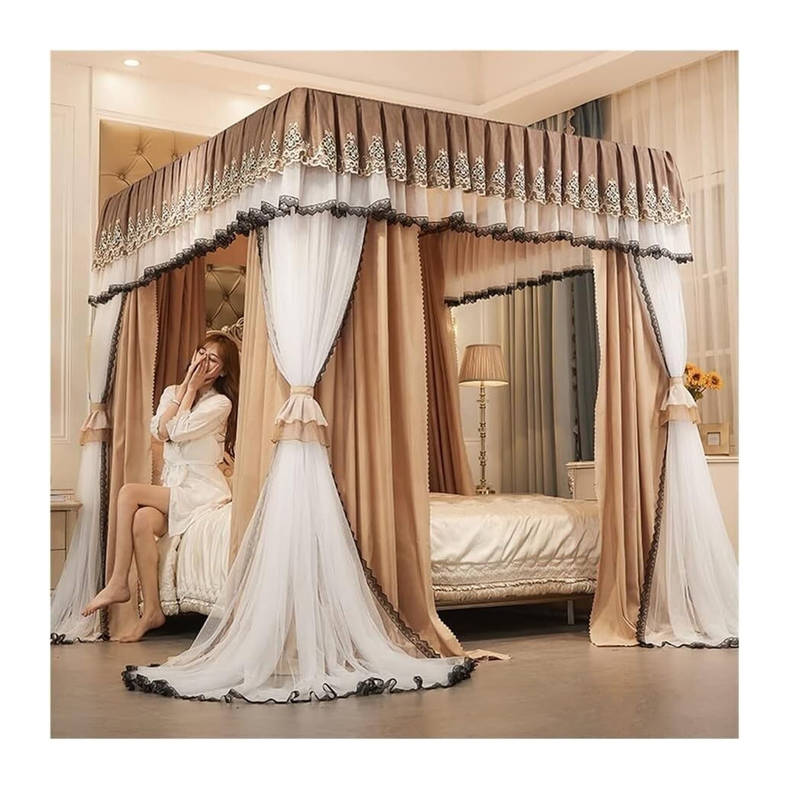 EGwvdgmb Bed Canopy Curtain, Bed Canopy Mosquito ion, Blackout Curtains, Easy Install, Multiple Sizes(Camel,1.8x2x2m)