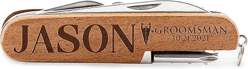 Vista 8 de Juego de 3 cuchillos de bolsillo personalizados para padrinos de boda - Cuchillos personalizados multiherramienta de 8 funciones - Cuchillos