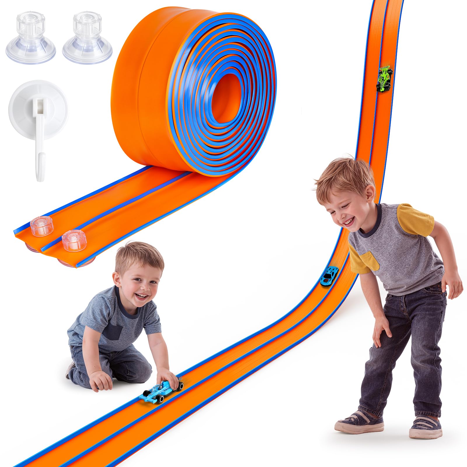 Hot Bee 4,5M Autorennbahn Spielzeug aus Silikon mit Saugnapf, Flexible Rennstrecke für Kinder ab 3 Jahre, Fenster & Wand Rennbahn Set, Kompatibel mit 1:64 Autos