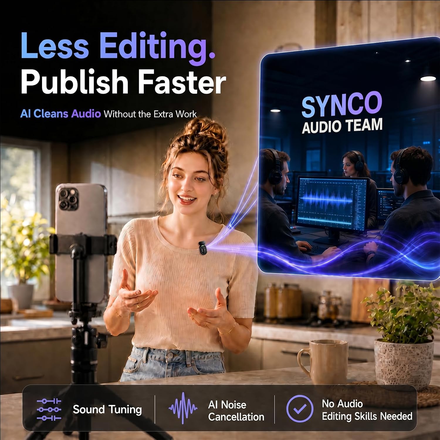 A woman recording a video with the SYNCO AI microphone, with an overlay showing a sound engineering team working on audio waveforms, illustrating AI audio cleaning. Text highlights 'Less Editing. Publish Faster. AI Cleans Audio Without the Extra Work'.