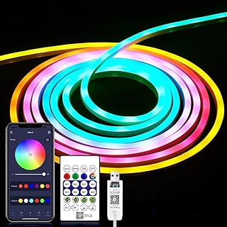 LRGBST 5 V USB RGBIC Neon LED Strip, 2 m RGB LED Neon Light Strip with Bluetooth App and Remote Control for Room Neon Deco…
