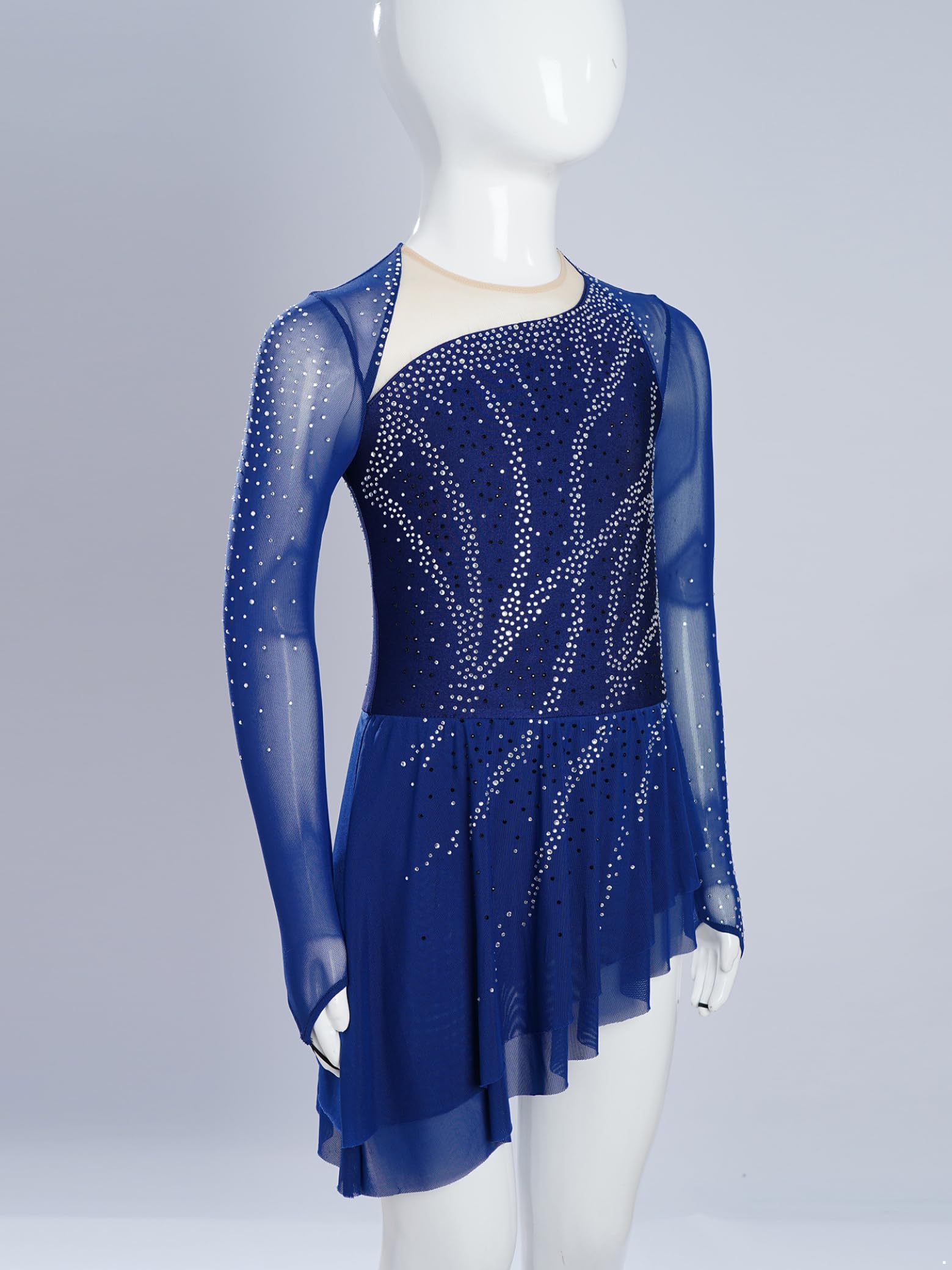 Sxiwei Fille Robe Patinage Artistique Asymétrique Strass Justaucorps Gymnastique Danse Spectacle Tenue Costume