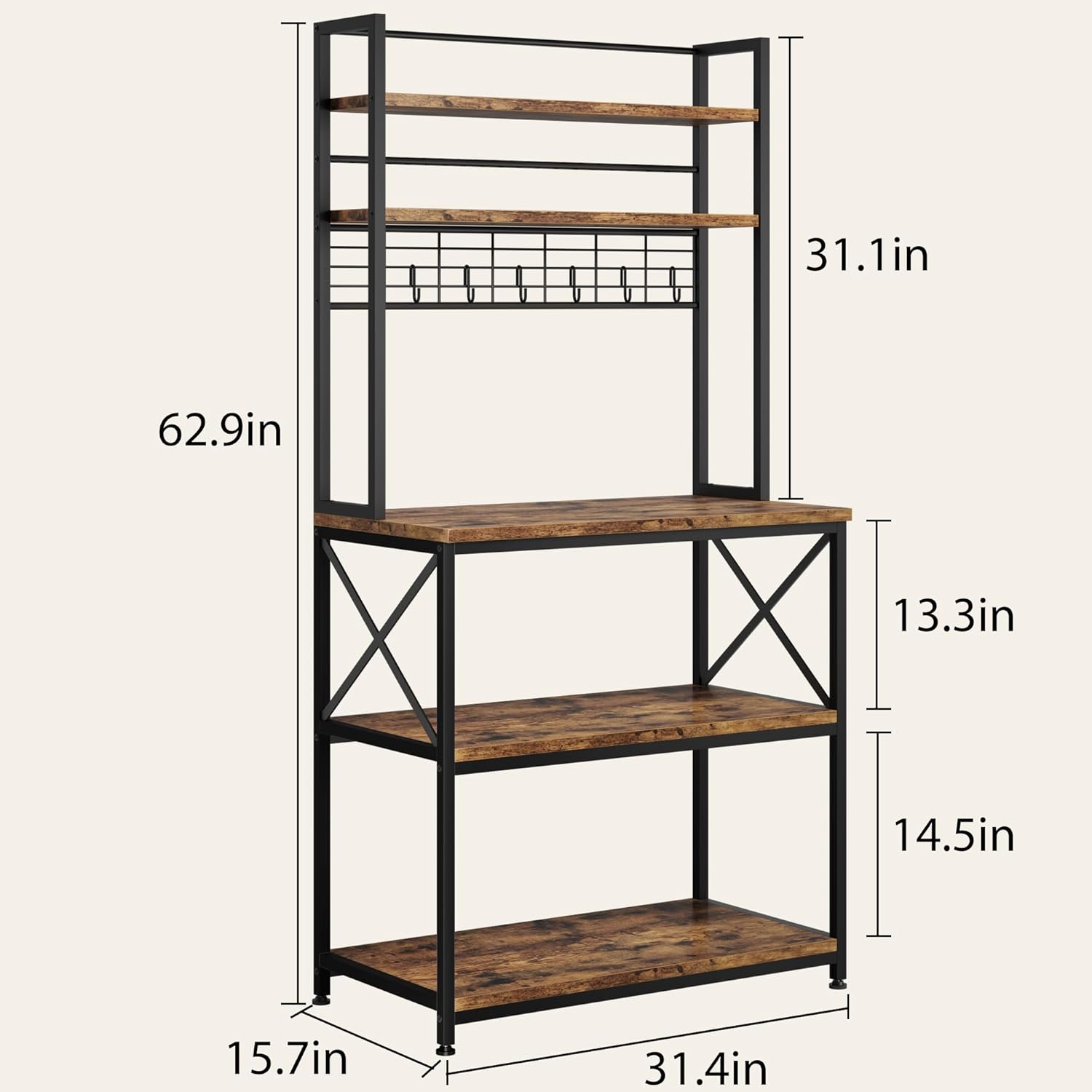 TrailBlaze 5-Tier Rustic Brown Kitchen Storage Shelf with 6 S Hooks, Microwave Oven Stand, Coffee Bar Station, Freestanding Kitchen Appliance Organizer