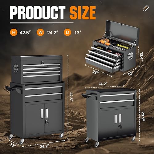 Miniatura 3 de Crownland Caja de herramientas con ruedas de 8 cajones con ruedas, armario de herramientas desmontable 2 en 1 con cerradura con cajones y
