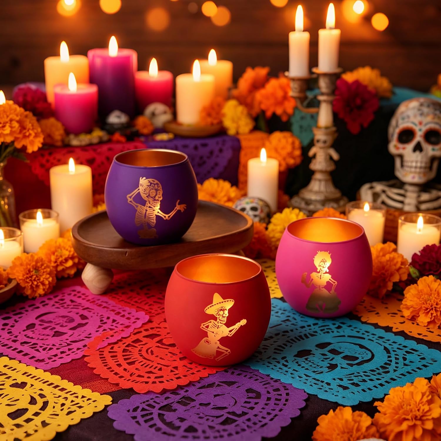 Day of the Dead Colorful Votive Candle Holders,Skull Glass Votive Holders 4-Pack