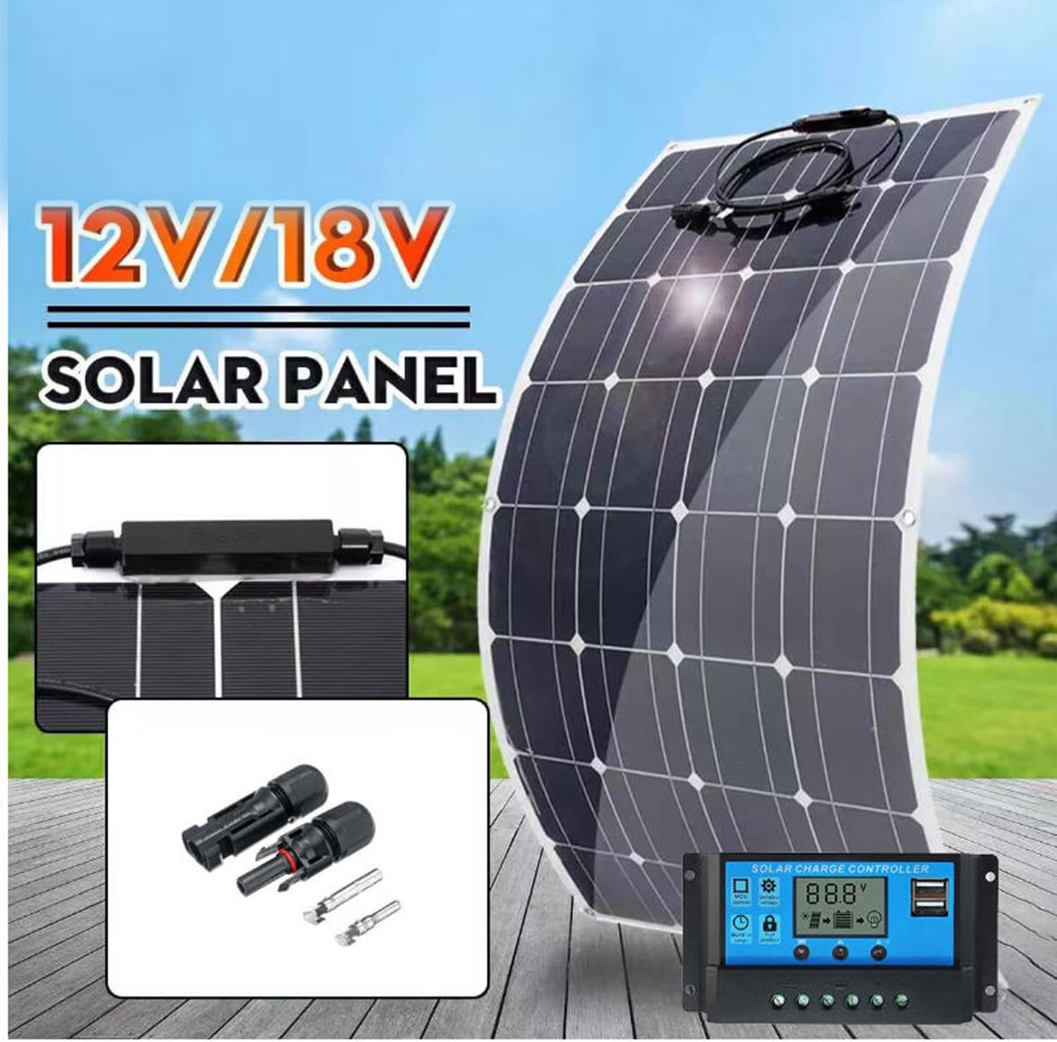 BLUEZY Kit Sistema Pannelli Solari Flessibili 100W 200W 300W 400W Modulo Fotovoltaico con Regolatore Carica 40A, Pannello Solare Monocristallino per Marino,Camper, Campeggio, Barca, Auto 3Pcs