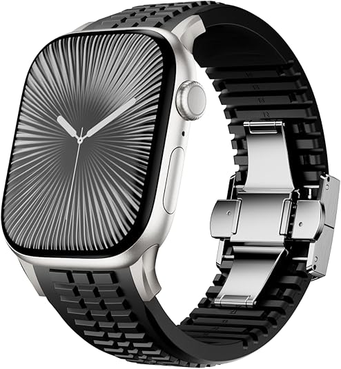Silicone Watch Band Compatible with iWatch Ultra 2 / Ultra/Series 10 9 8 7 (44mm 45mm 46mm 49mm), Sport bands with Folding buckle, Rugged Heavy Duty Modern Design for Men