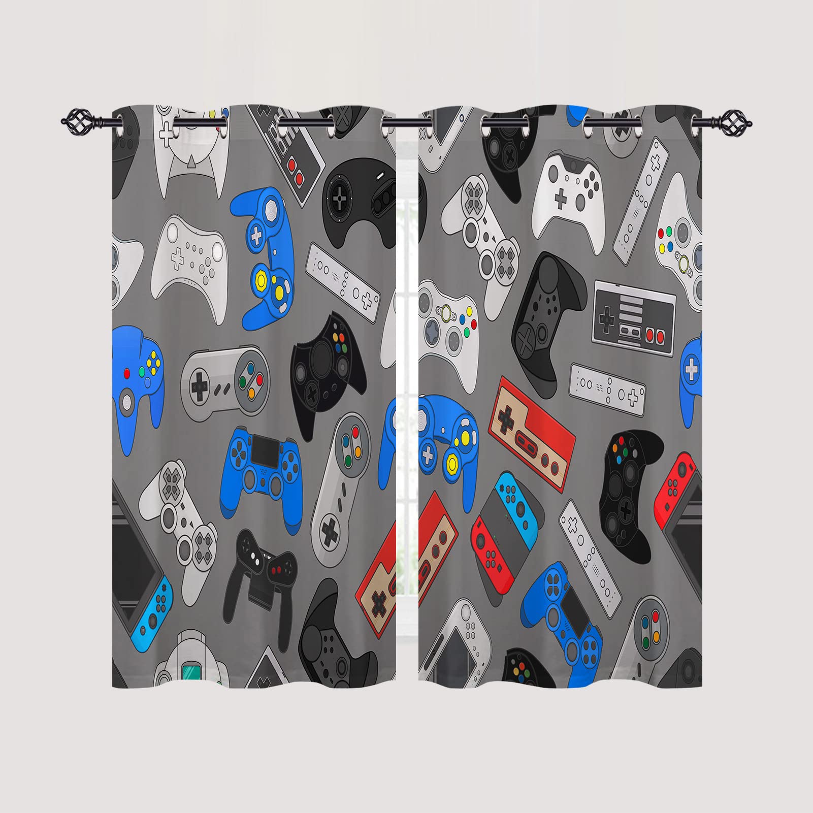 ANHOPE Gamepad Curtains Grommet Blackout Room Darkening Curtains/Window Drapes with 90's Video Game Gamepad Print Pattern for Kids Boys Girls Teens Bedroom Living Room 2 Panels 52 x 63 Inch