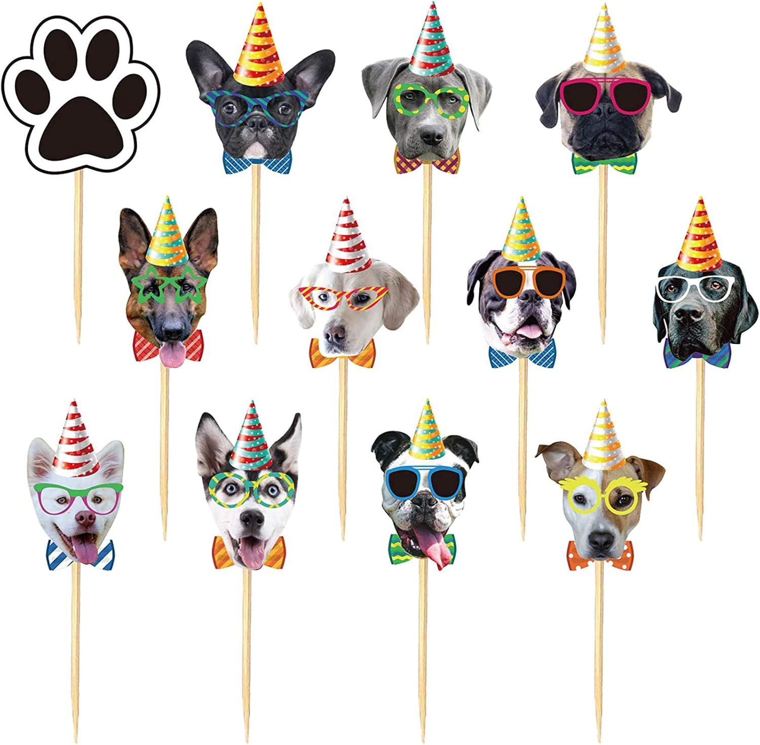 24 PCS Dog Face Cupcake Toppers Dog Cake Topper Puppy Birthday Garland Pet Theme Party Cake Decorations Supplies