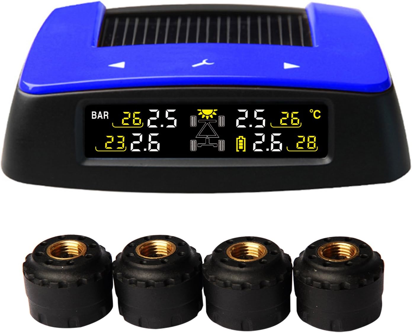Vesafe Universal Solar Power TPMS M2,Wireless Color Screen Tire Pressure Monitoring System with 4 DIY External Cap Sensors (0-6Bar/0-87Psi), Tire Pressure Monitor Real-time Display 4 Tires' Pressure and Temperature Simultaneously.