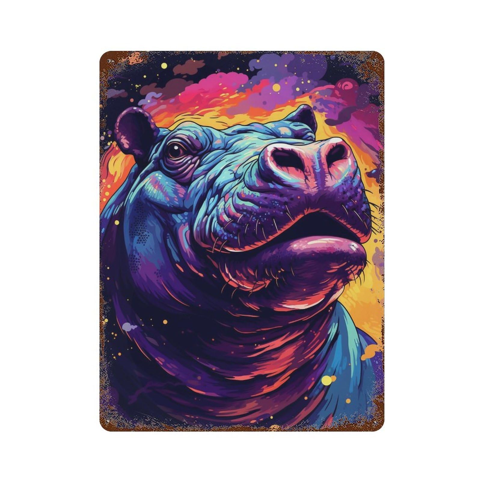 Colorful Hippo Illustration Decorative Tin Sign 15.7"x11.8", Shabby Chic Decor for Garage, Pub Or Kitchen