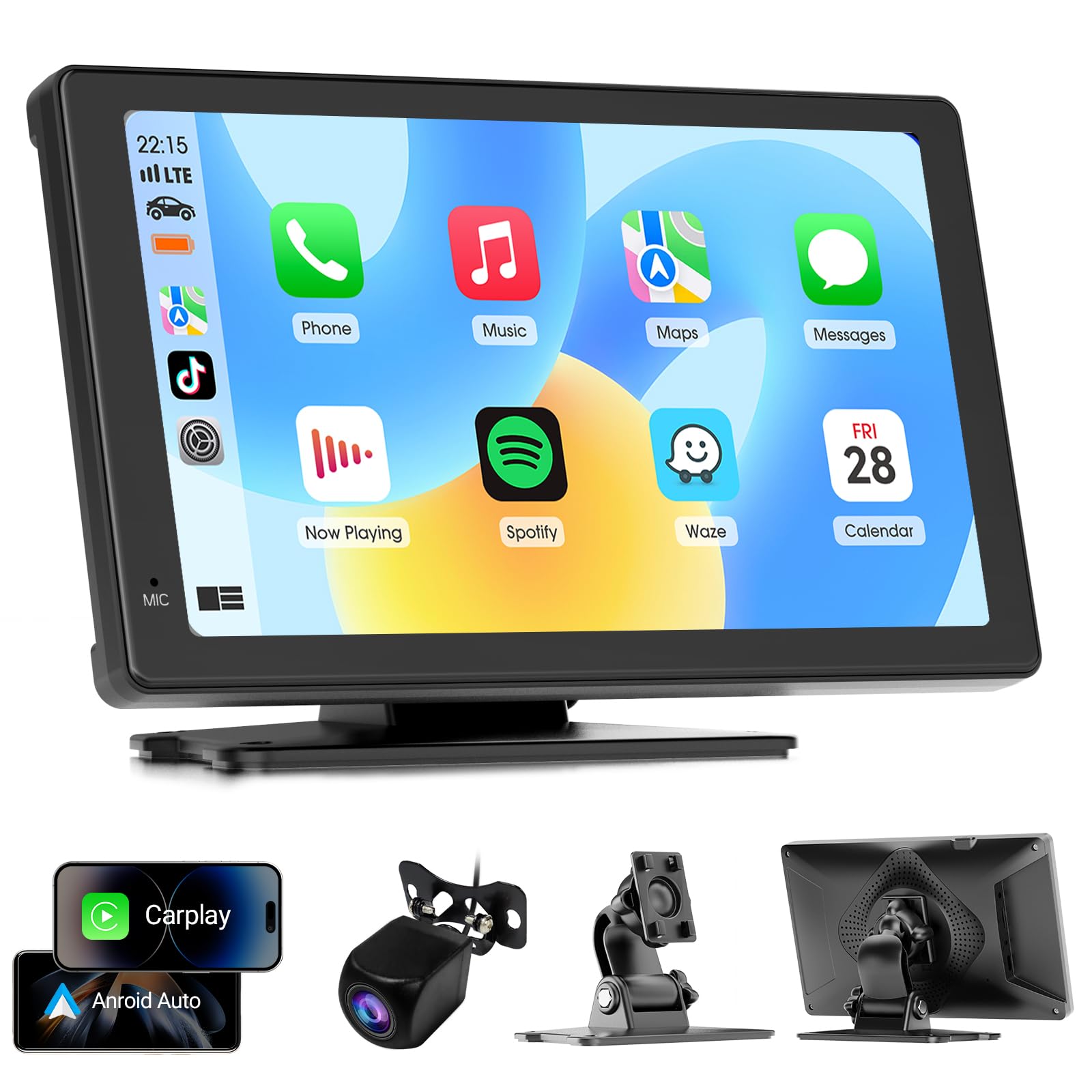 Haudio Car Stereo 7Calowy Ekran Carplay dla Apple i Android Auto,Przenośny Odtwarzacz Samochodowy Tylną Kamerą 1080P,Odtwarzacz Samochodowy ze Sterowaniem Głosowym i Mirro Link do Wszystkich Pojazdów