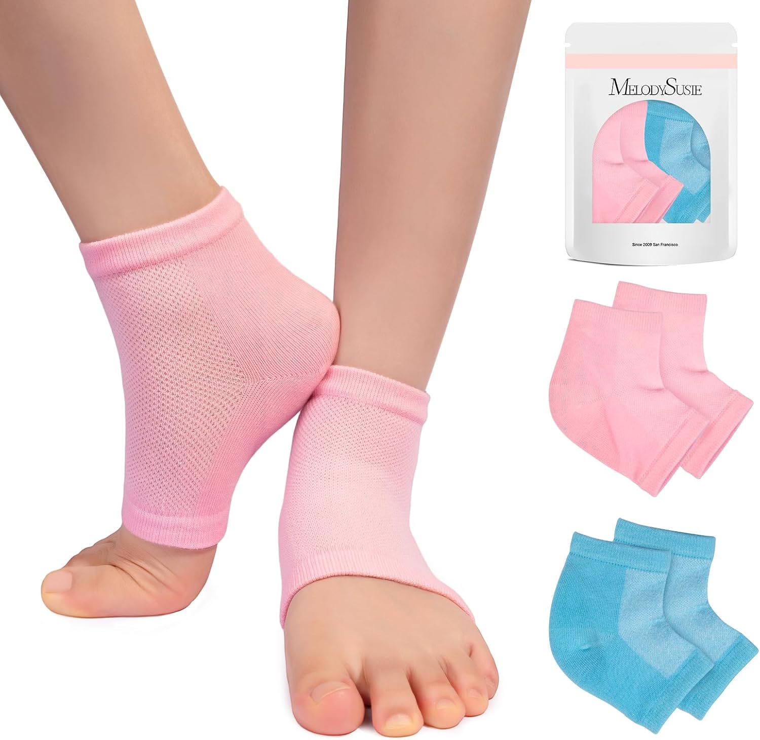 MelodySusie Moisturizing Heel Socks for Cracked Heel Treatment, Universal Style,Suitable for Home and Salon Use,Size Regular,Pink and Blue,2 Pairs