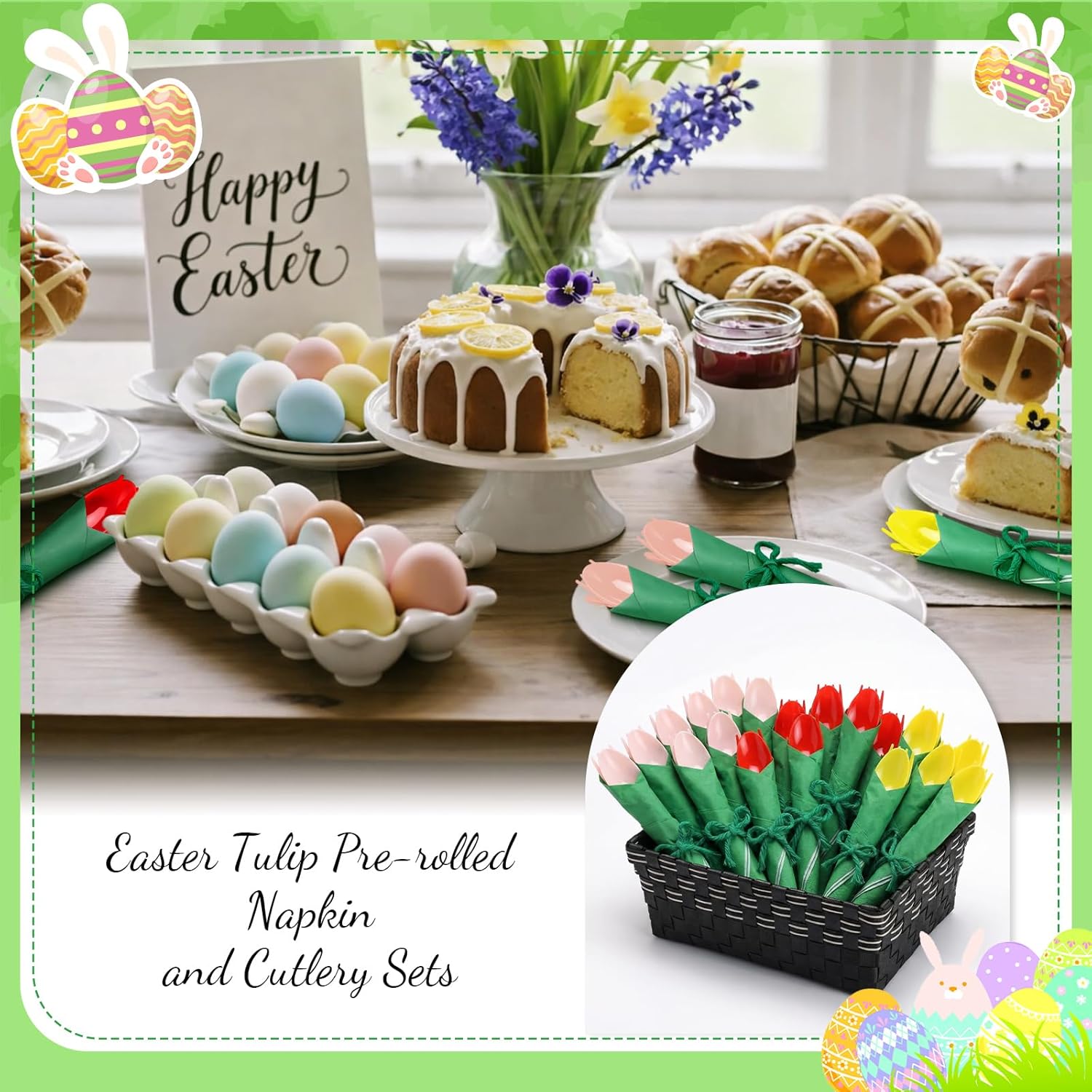 Roshtia 40 Pack Easter Pre Rolled Plastic Silverware Set Disposable Cutlery Set Pink Red Green Yellow Tulip Bundle Home Knives Forks Spoons Napkins Wrapped Easter Utensils for Party Decoration Spring