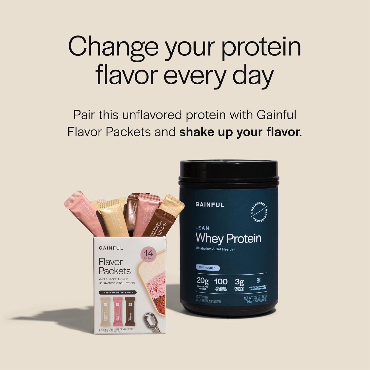 Gainful Lean Whey Protein Powder & Neapolitan Flavor Bundle, 20g Protein, Supports Lean Muscle, Metabolism, and Satiety, with Green Tea Extract, & Digestive Enzymes,14 Servings + 14 Flavor Sticks