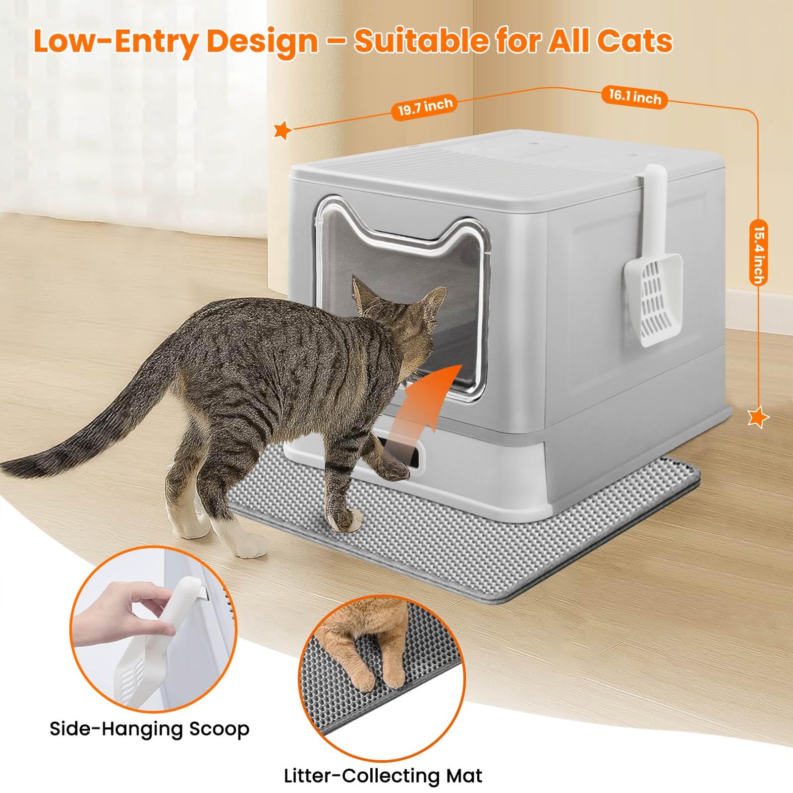 Katzenklo Edelstahl, mit Deckel und Schublade, Geschlossenes Katzentoilette XXL mit Katzenklo Matte ＆ Schaufel für große Katzen. Geruchsfrei, leichte Reinigung