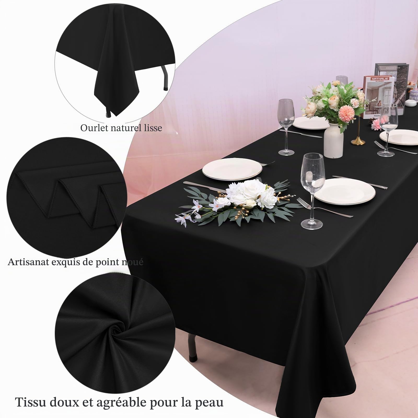 Lot de 10 Nappes Noir Nappe en Tissu 153x260cm Couverture de Table | Lavable, Noel, Jardin, fête, Mariage ou Maison,Décoration de table, Protection de table, Anti-Rides et Résistantes