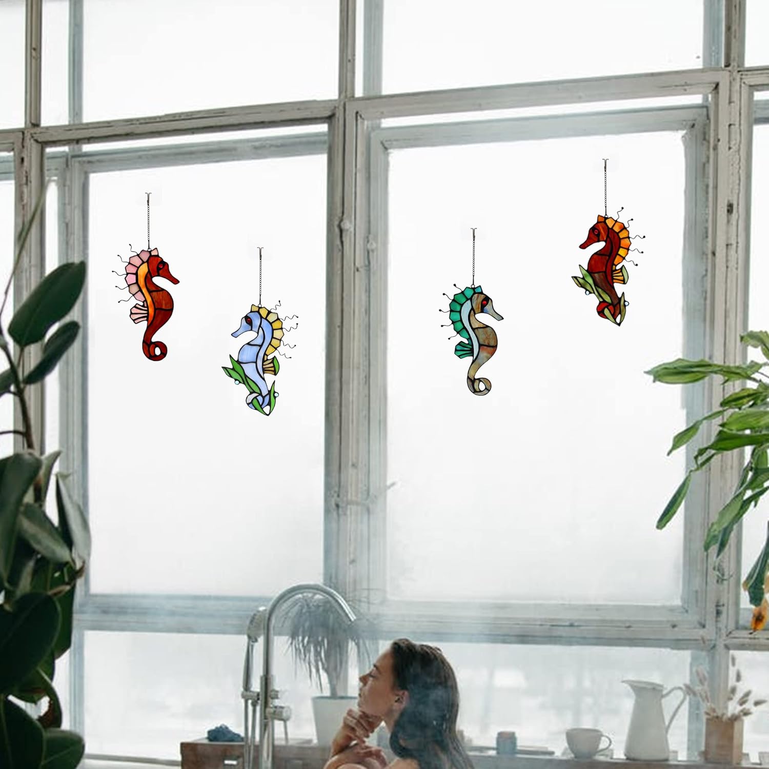 Seahorse Decor Stained Glass Window Hanging,Sea Nautical Gift Suncatcher Hanging Ocean Theme Decor for Living Room,Bathroom,Kitchen,Birthday Gifts for Mom,Women